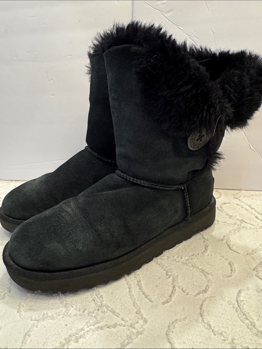UGG Black Suede Fur-Trim Button Short Boot